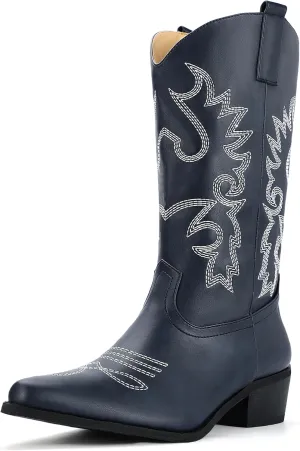 IDIFU Women's Cowboy Boots for Women Cowgirl Boots Western Boots Mid Calf Embroidered Chunky Low Heel Pointed Toe Country Boots Dress Cute Fashion Comfortable Cowboy Cowgirl Boots Booties