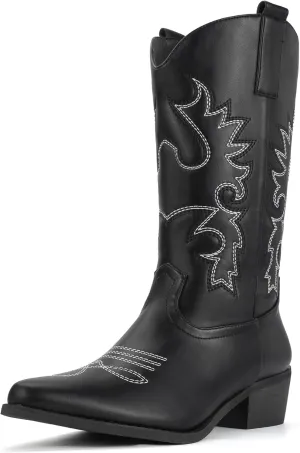 IDIFU Women's Cowboy Boots for Women Cowgirl Boots Western Boots Mid Calf Embroidered Chunky Low Heel Pointed Toe Country Boots Dress Cute Fashion Comfortable Cowboy Cowgirl Boots Booties