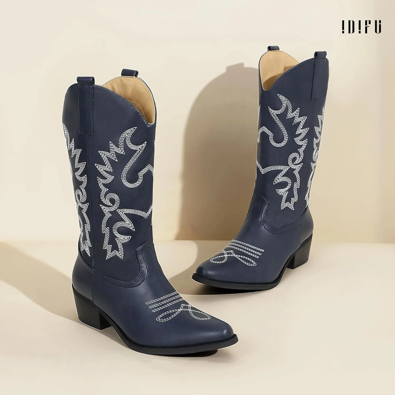 IDIFU Women's Cowboy Boots for Women Cowgirl Boots Western Boots Mid Calf Embroidered Chunky Low Heel Pointed Toe Country Boots Dress Cute Fashion Comfortable Cowboy Cowgirl Boots Booties