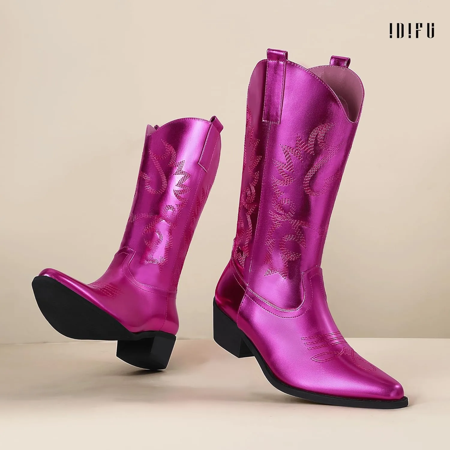 IDIFU Women's Cowboy Boots for Women Cowgirl Boots Western Boots Mid Calf Embroidered Chunky Low Heel Pointed Toe Country Boots Dress Cute Fashion Comfortable Cowboy Cowgirl Boots Booties