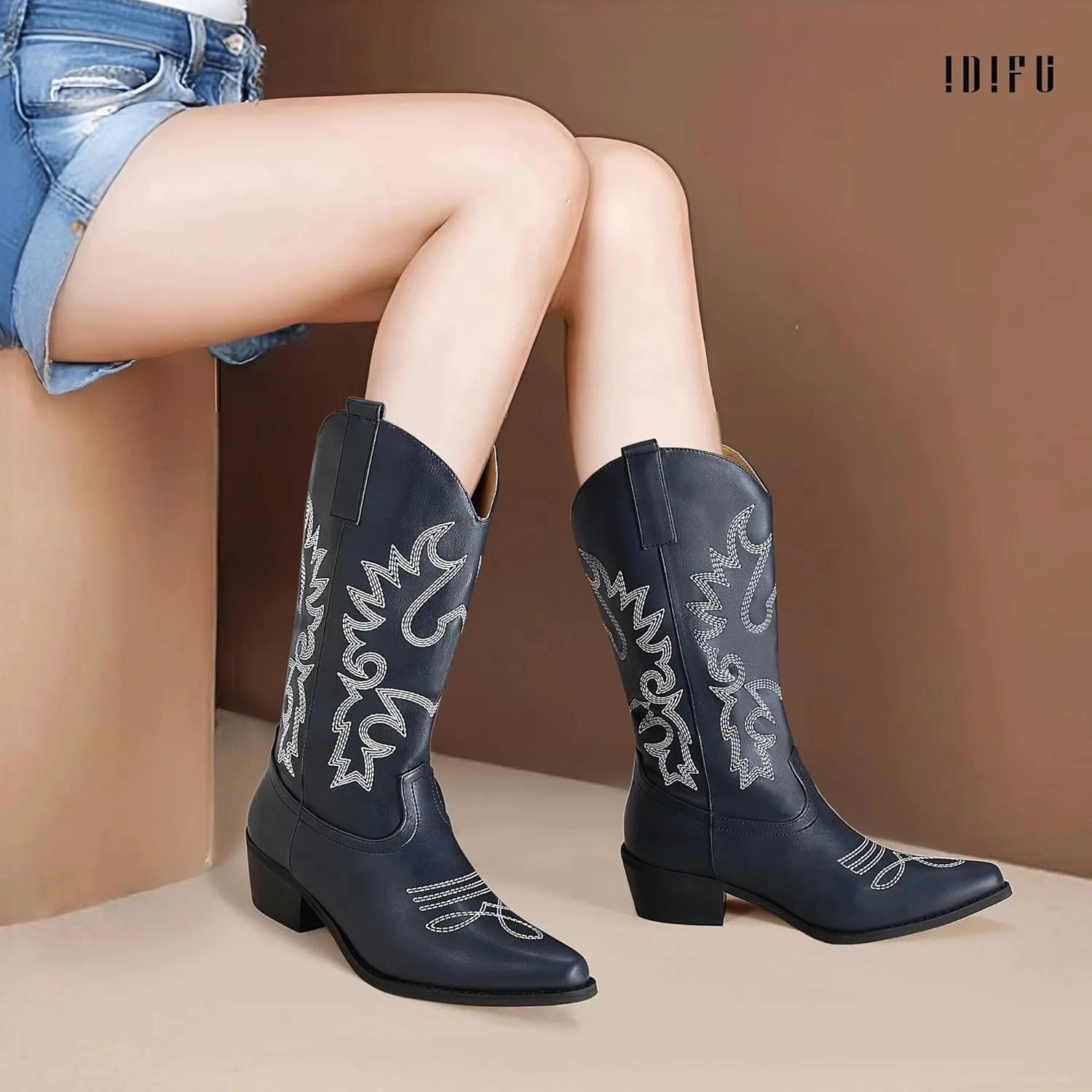 IDIFU Women's Cowboy Boots for Women Cowgirl Boots Western Boots Mid Calf Embroidered Chunky Low Heel Pointed Toe Country Boots Dress Cute Fashion Comfortable Cowboy Cowgirl Boots Booties