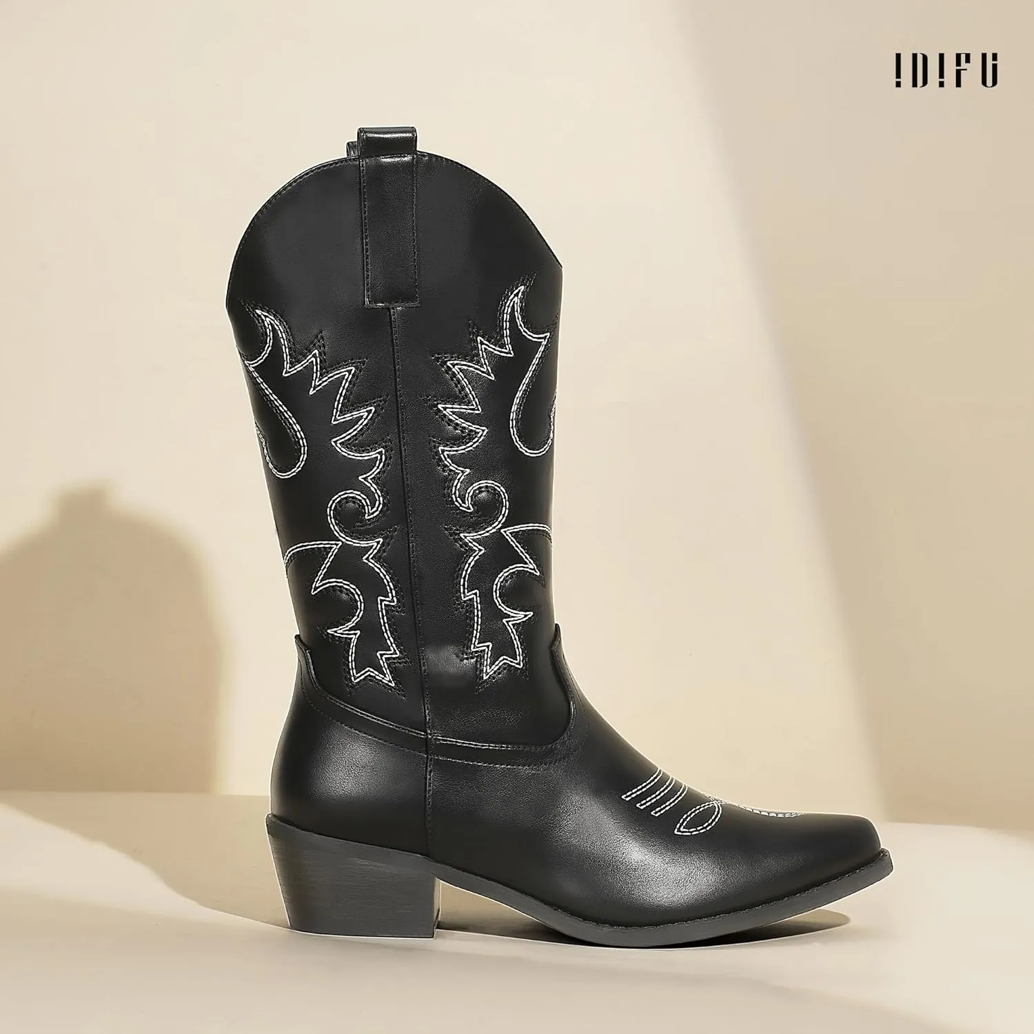 IDIFU Women's Cowboy Boots for Women Cowgirl Boots Western Boots Mid Calf Embroidered Chunky Low Heel Pointed Toe Country Boots Dress Cute Fashion Comfortable Cowboy Cowgirl Boots Booties