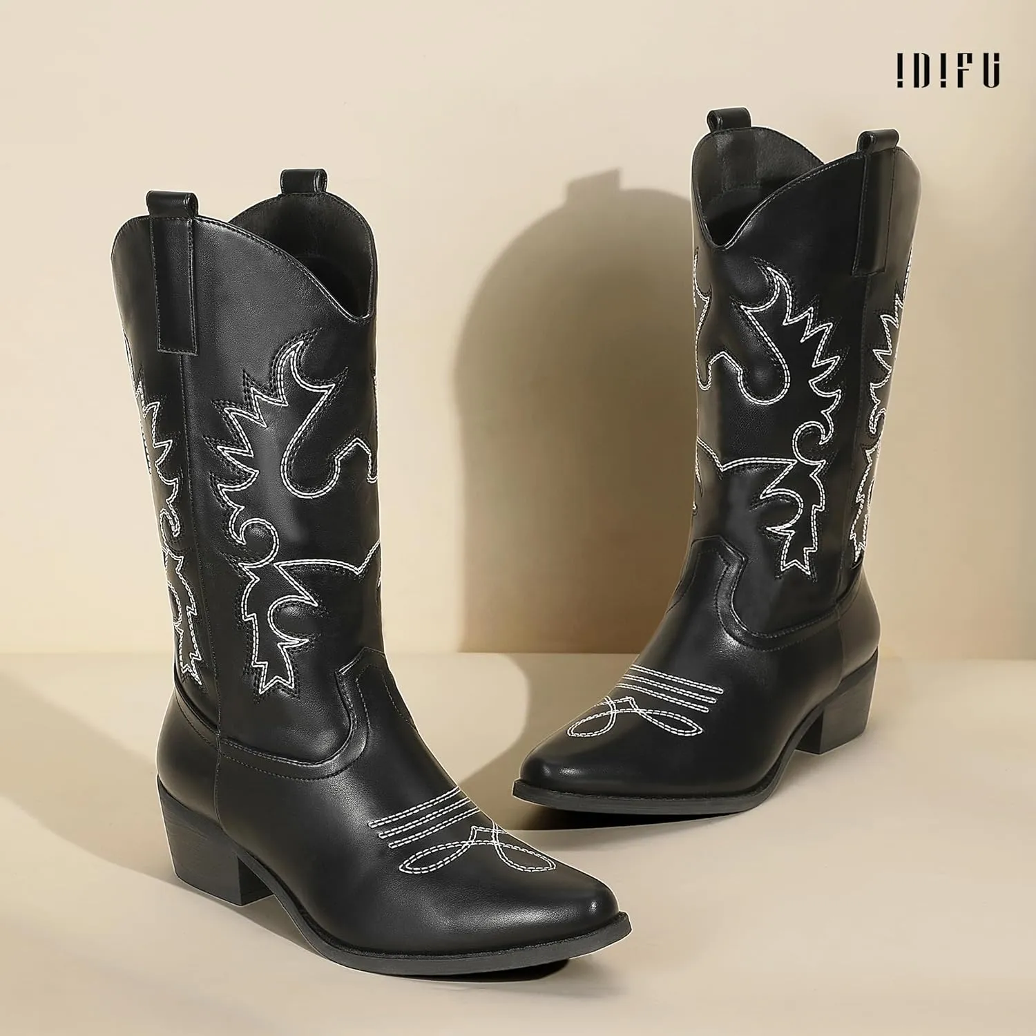IDIFU Women's Cowboy Boots for Women Cowgirl Boots Western Boots Mid Calf Embroidered Chunky Low Heel Pointed Toe Country Boots Dress Cute Fashion Comfortable Cowboy Cowgirl Boots Booties
