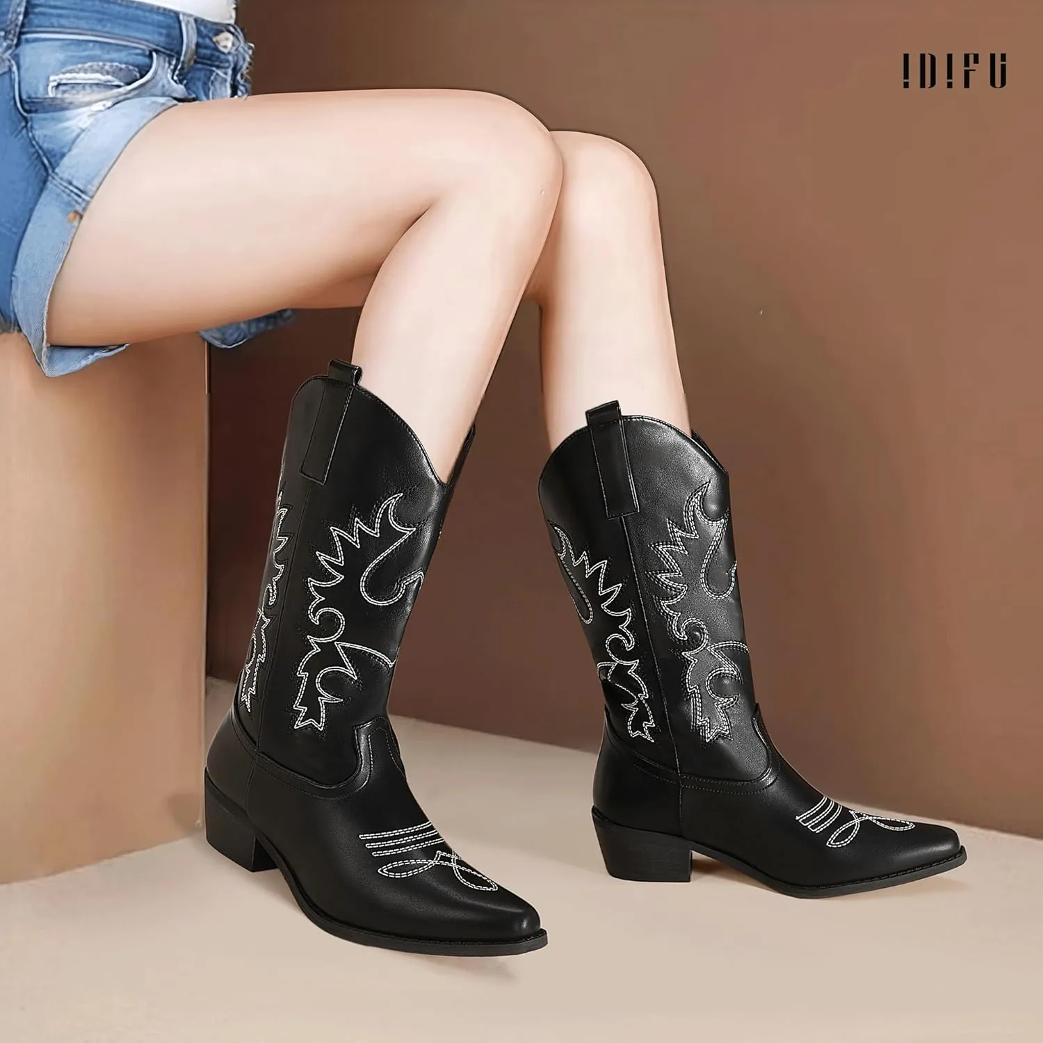 IDIFU Women's Cowboy Boots for Women Cowgirl Boots Western Boots Mid Calf Embroidered Chunky Low Heel Pointed Toe Country Boots Dress Cute Fashion Comfortable Cowboy Cowgirl Boots Booties