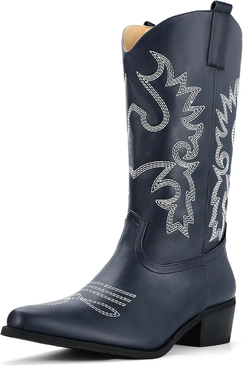 IDIFU Women's Cowboy Boots for Women Cowgirl Boots Western Boots Mid Calf Embroidered Chunky Low Heel Pointed Toe Country Boots Dress Cute Fashion Comfortable Cowboy Cowgirl Boots Booties