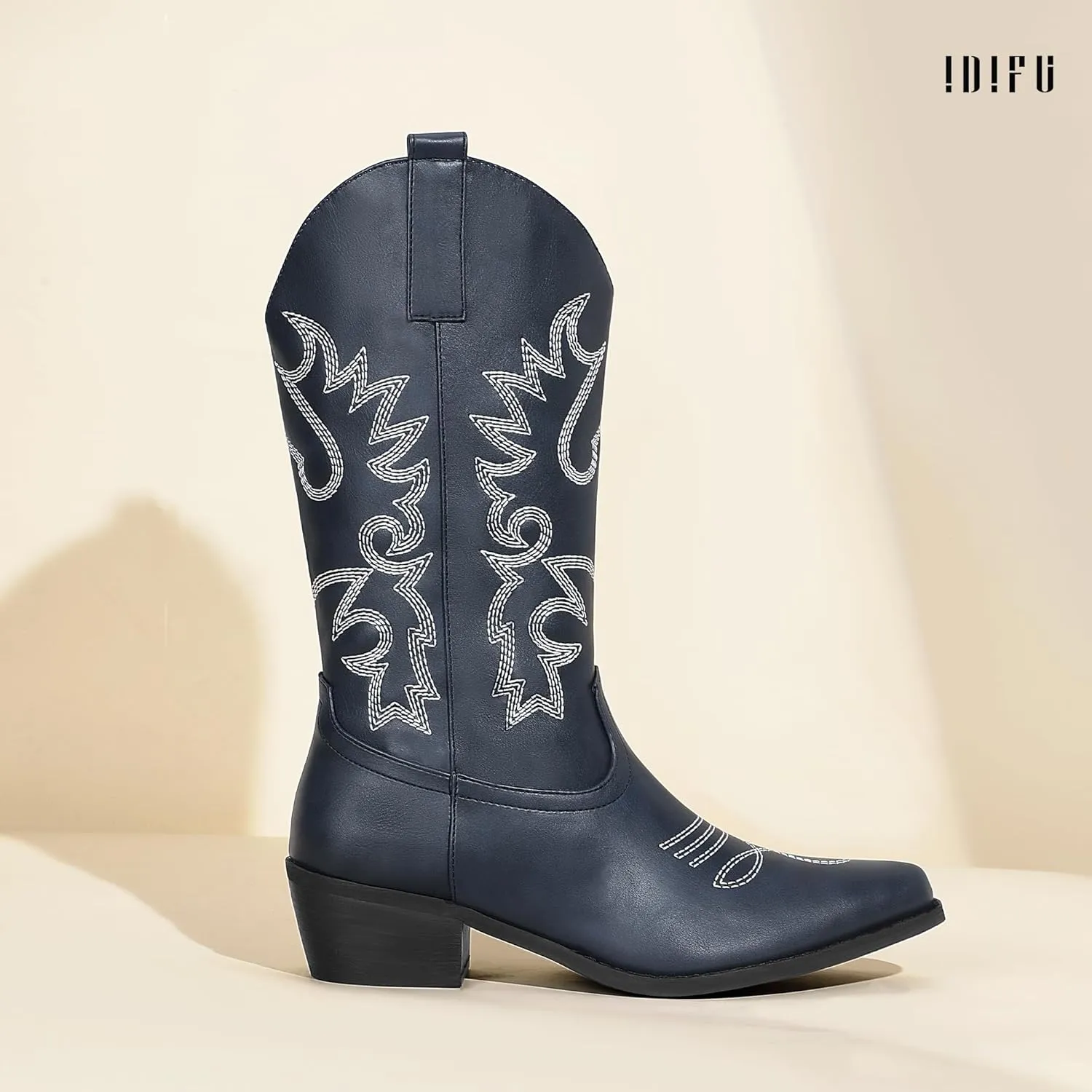 IDIFU Women's Cowboy Boots for Women Cowgirl Boots Western Boots Mid Calf Embroidered Chunky Low Heel Pointed Toe Country Boots Dress Cute Fashion Comfortable Cowboy Cowgirl Boots Booties