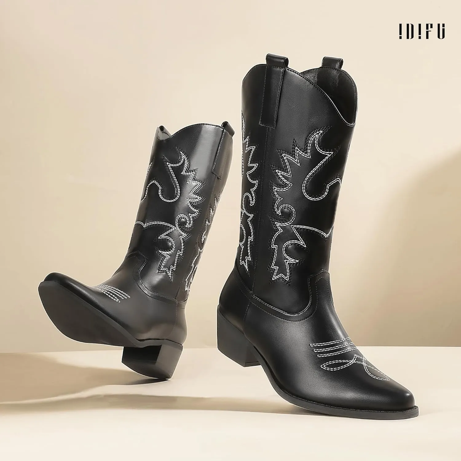 IDIFU Women's Cowboy Boots for Women Cowgirl Boots Western Boots Mid Calf Embroidered Chunky Low Heel Pointed Toe Country Boots Dress Cute Fashion Comfortable Cowboy Cowgirl Boots Booties