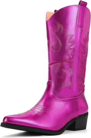 IDIFU Women's Cowboy Boots for Women Cowgirl Boots Western Boots Mid Calf Embroidered Chunky Low Heel Pointed Toe Country Boots Dress Cute Fashion Comfortable Cowboy Cowgirl Boots Booties