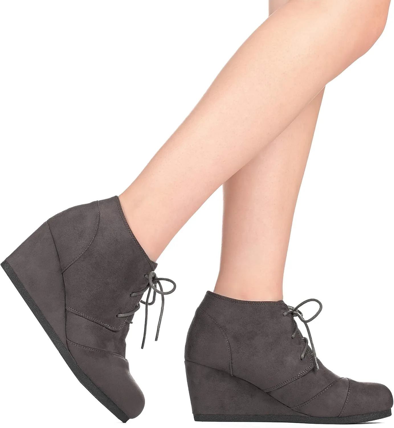ILLUDE Women's Round Toe Lace Up Wedge Heels Suede Ankle Boots Booties