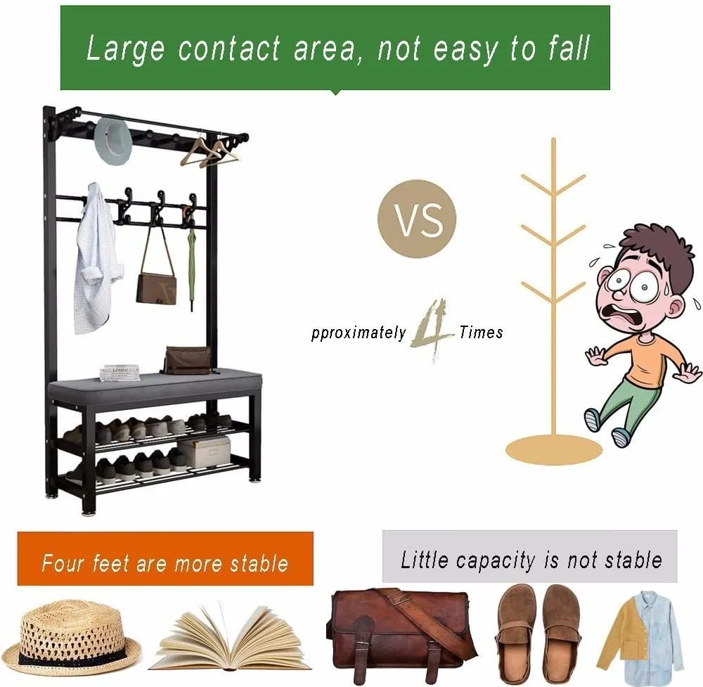 Industrial Coat Rack Free Standing with Shoe Bench, Coat Rack Stand with Hooks, Easy to Assemble, Strong and Sturdy, for Living Room,Hallway L:80/100CM