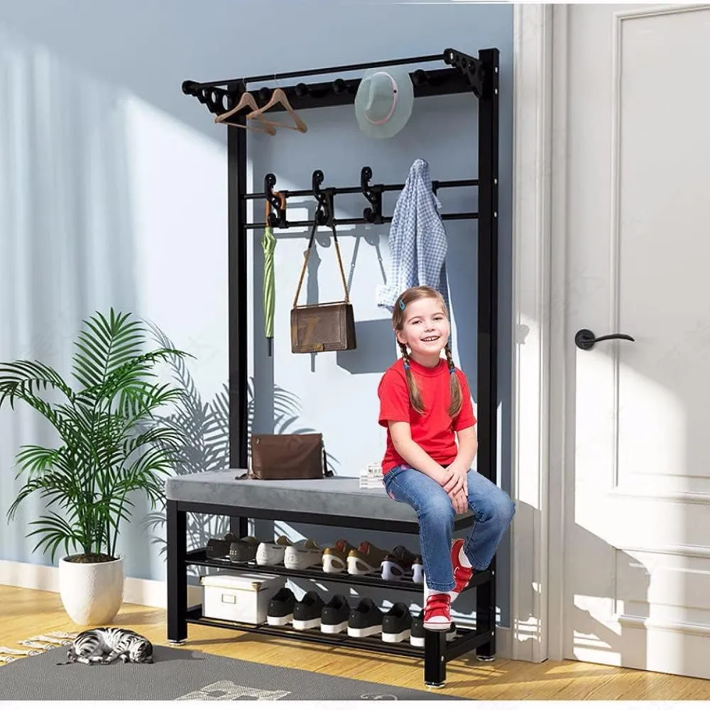 Industrial Coat Rack Free Standing with Shoe Bench, Coat Rack Stand with Hooks, Easy to Assemble, Strong and Sturdy, for Living Room,Hallway L:80/100CM