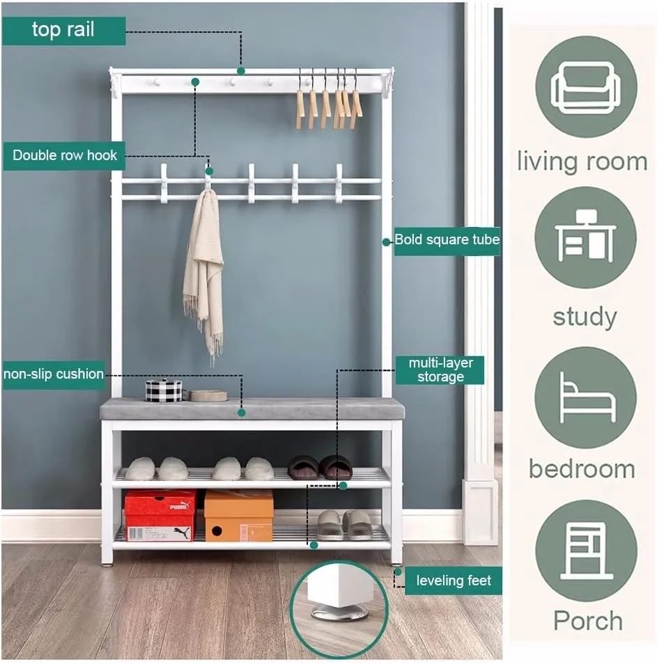 Industrial Coat Rack Free Standing with Shoe Bench, Coat Rack Stand with Hooks, Easy to Assemble, Strong and Sturdy, for Living Room,Hallway L:80/100CM