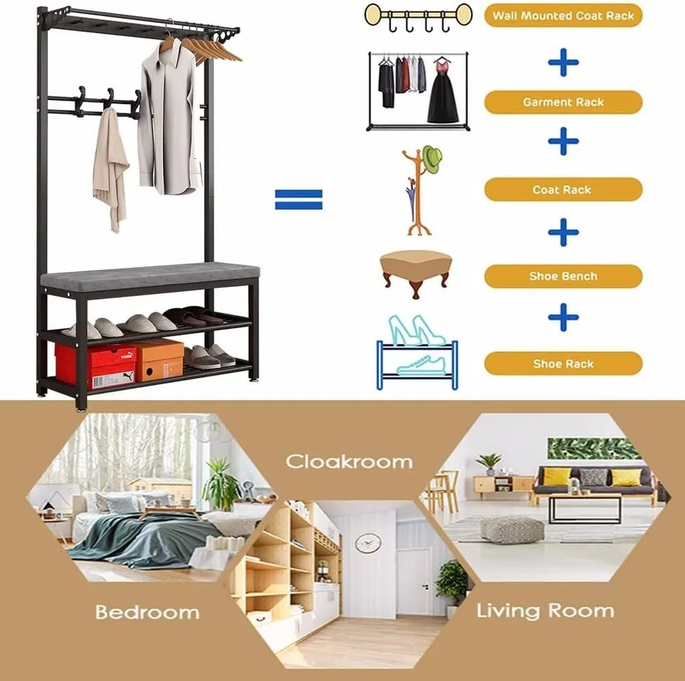 Industrial Coat Rack Free Standing with Shoe Bench, Coat Rack Stand with Hooks, Easy to Assemble, Strong and Sturdy, for Living Room,Hallway L:80/100CM