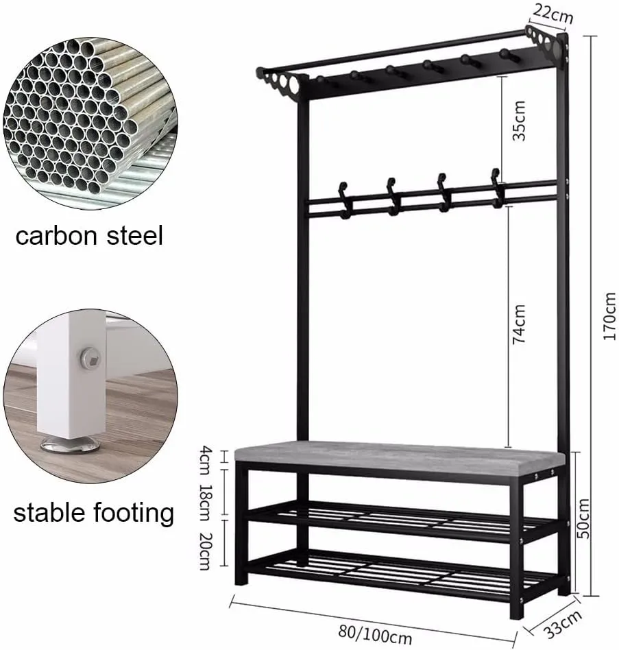 Industrial Coat Rack Free Standing with Shoe Bench, Coat Rack Stand with Hooks, Easy to Assemble, Strong and Sturdy, for Living Room,Hallway L:80/100CM
