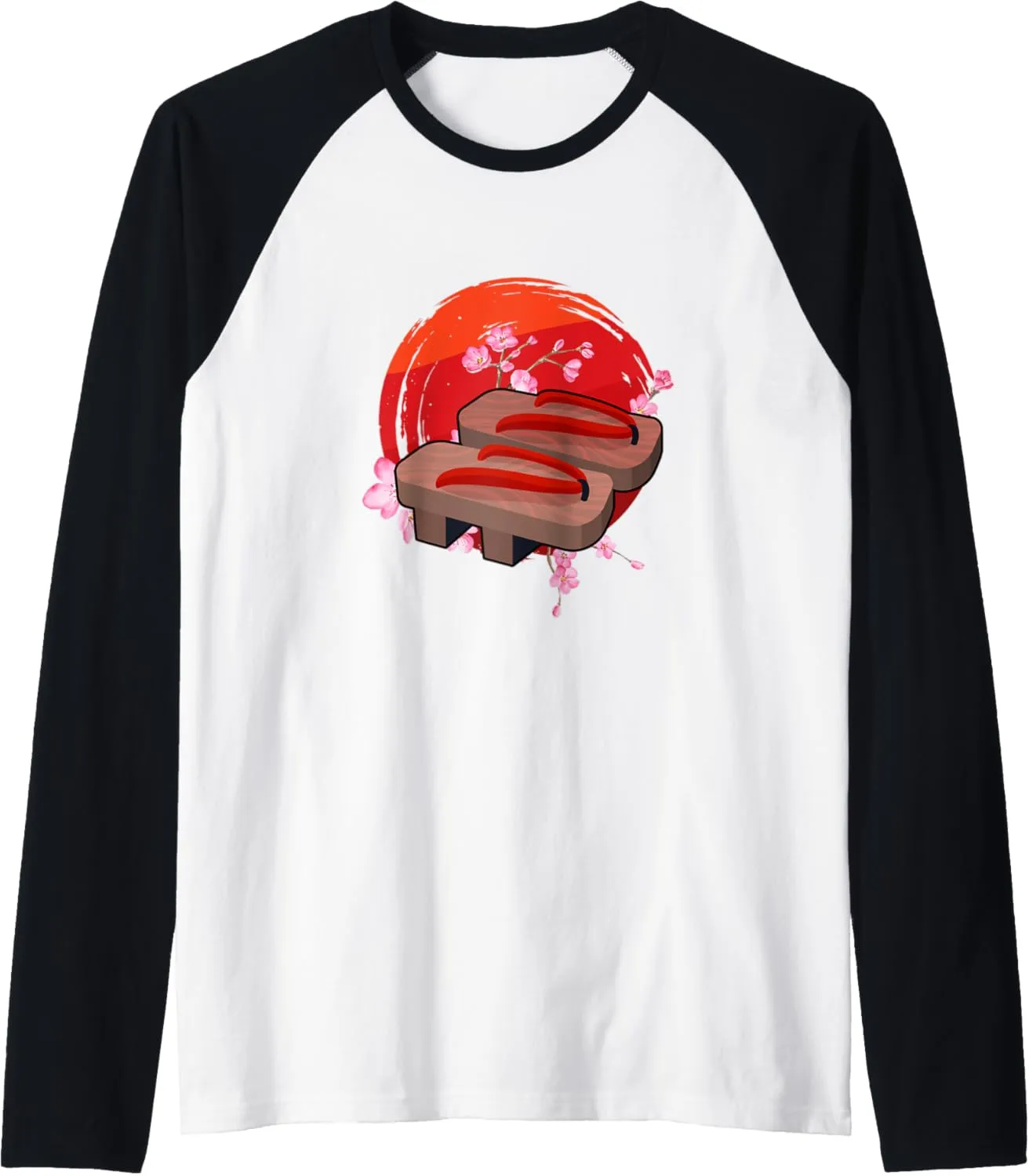 Japan Zen Circle Cherry Blossom Wooden Sandals Japanese Raglan Baseball Tee