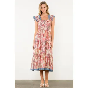 Jeanie Smocked Flutter Sleeve Paisley Print Midi Dress