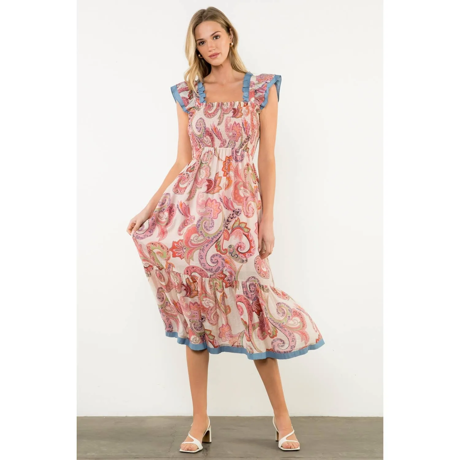 Jeanie Smocked Flutter Sleeve Paisley Print Midi Dress