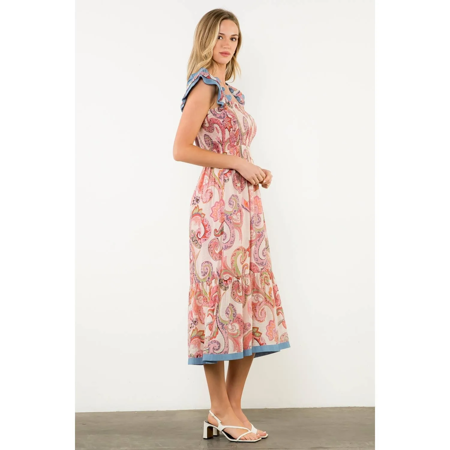 Jeanie Smocked Flutter Sleeve Paisley Print Midi Dress