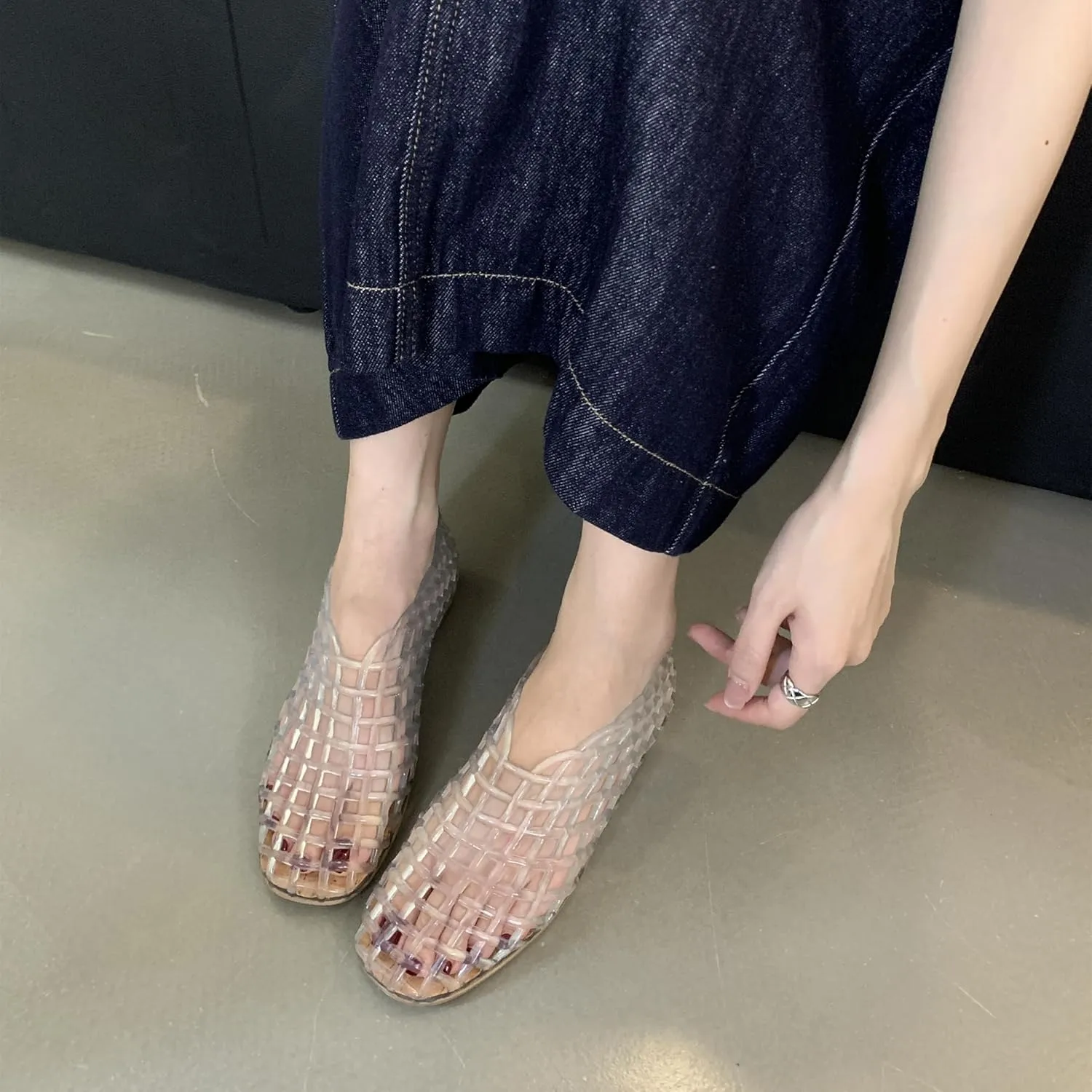 Jelly Mesh Ballet Flats for Women Clear Hollow Jelly Shoes Sandals Round Toe Non-Slip Beach Ballerina Jellies Flats Shoes
