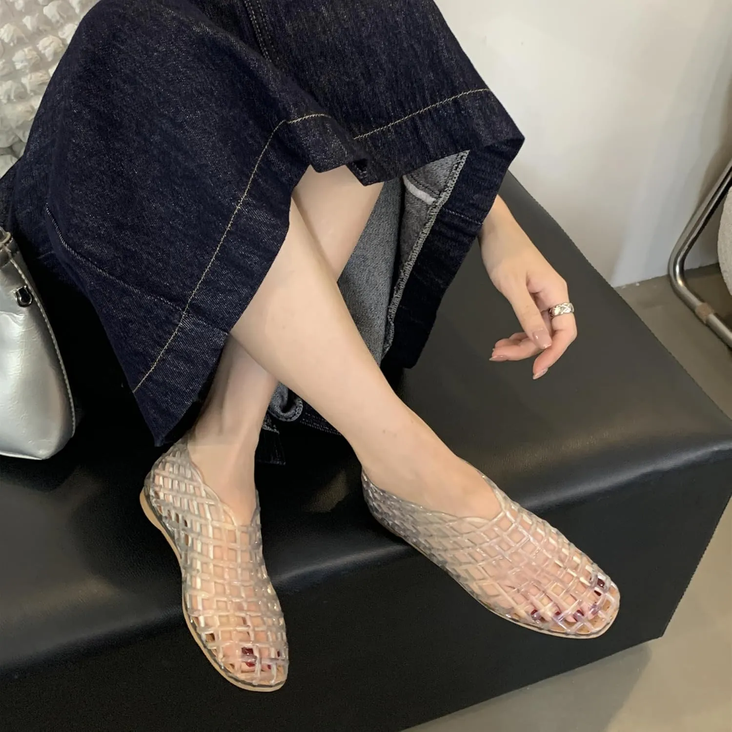 Jelly Mesh Ballet Flats for Women Clear Hollow Jelly Shoes Sandals Round Toe Non-Slip Beach Ballerina Jellies Flats Shoes