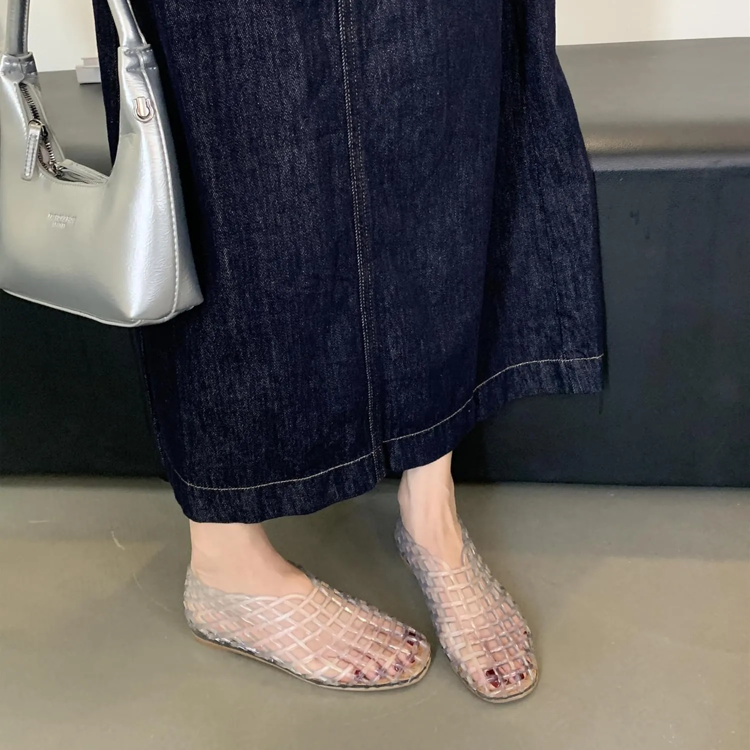 Jelly Mesh Ballet Flats for Women Clear Hollow Jelly Shoes Sandals Round Toe Non-Slip Beach Ballerina Jellies Flats Shoes