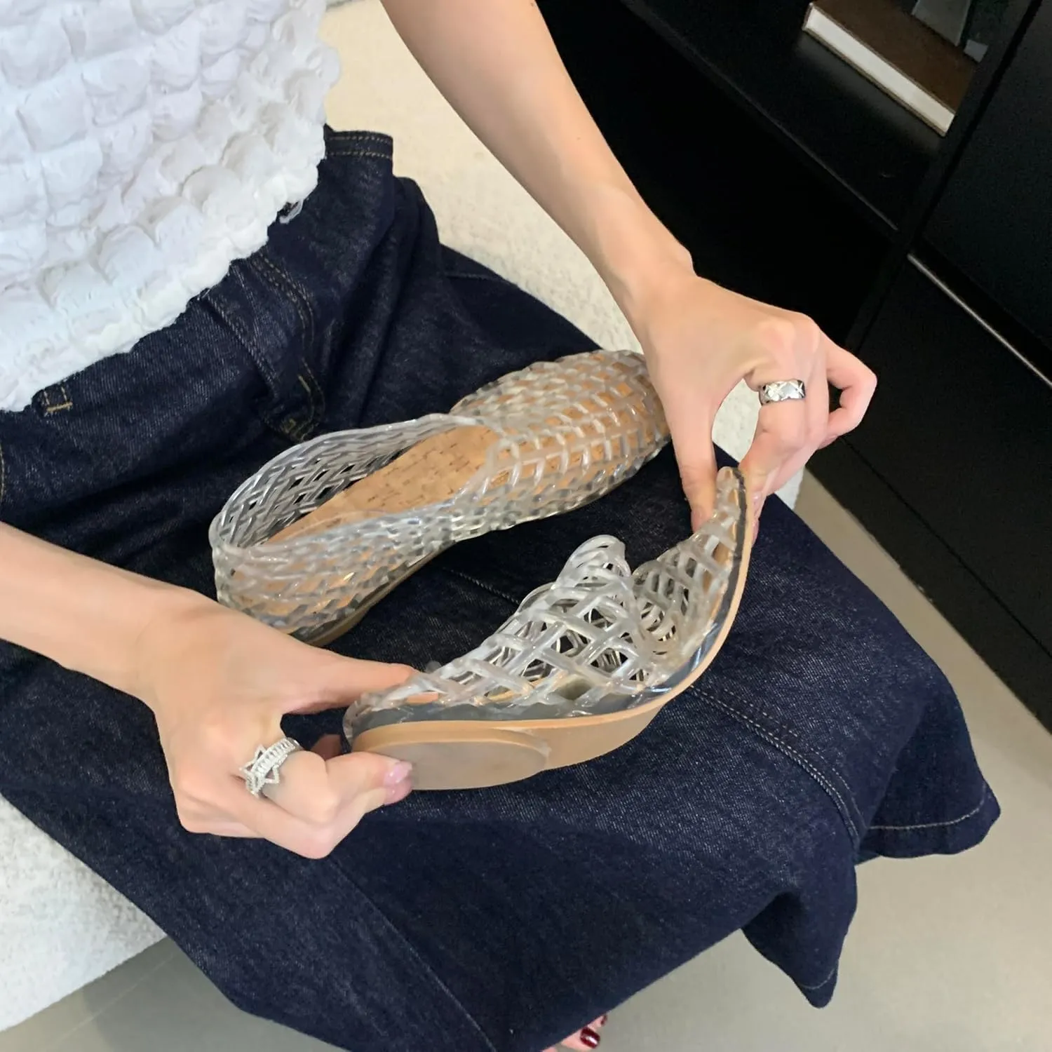 Jelly Mesh Ballet Flats for Women Clear Hollow Jelly Shoes Sandals Round Toe Non-Slip Beach Ballerina Jellies Flats Shoes