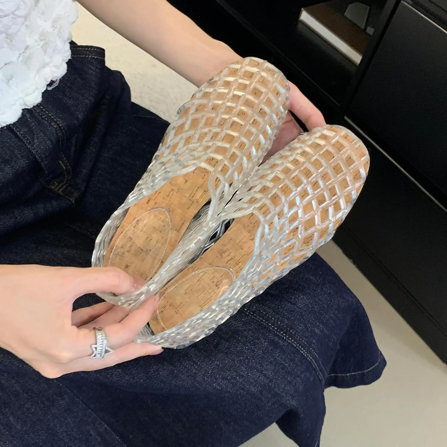 Jelly Mesh Ballet Flats for Women Clear Hollow Jelly Shoes Sandals Round Toe Non-Slip Beach Ballerina Jellies Flats Shoes