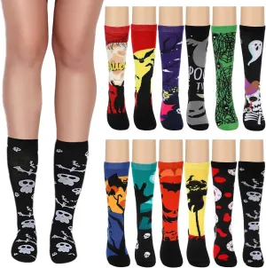 Jeyiour 12 Pairs Halloween Socks for Women Teens Halloween Softball Knee High Socks Pumpkin Bat Spider Web Compression High Long Stockings Holiday Gift Cosplay Costume