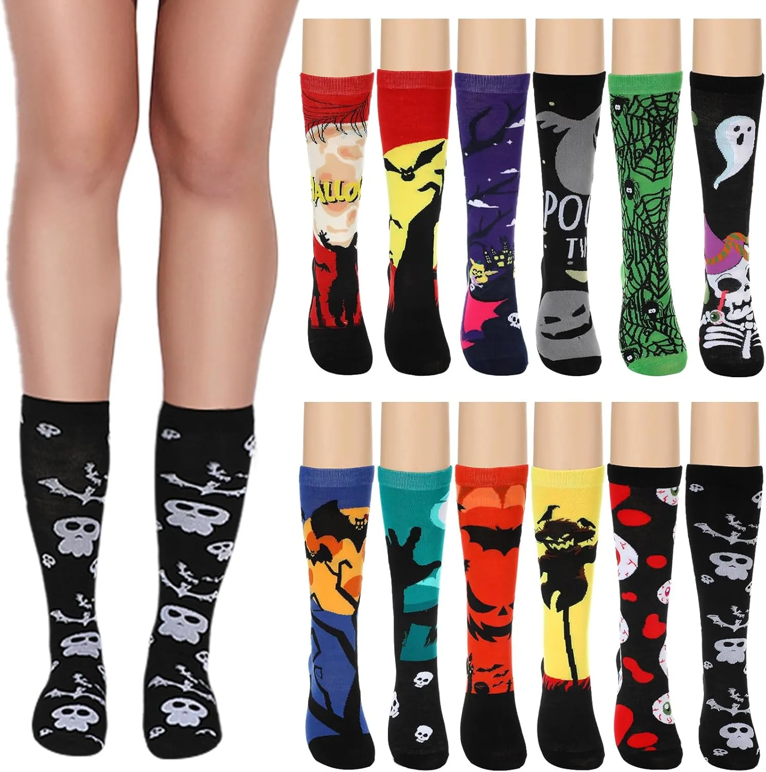 Jeyiour 12 Pairs Halloween Socks for Women Teens Halloween Softball Knee High Socks Pumpkin Bat Spider Web Compression High Long Stockings Holiday Gift Cosplay Costume