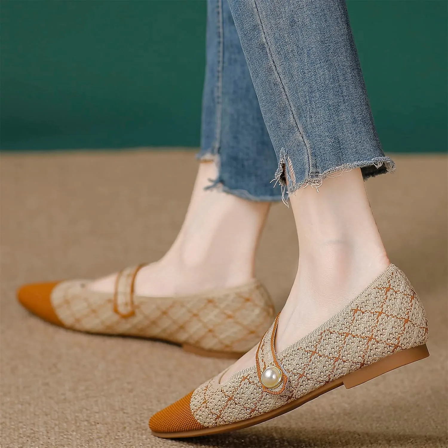 JiuQing Women's Mary Jane Shoes Knit Dress Shoes Pointy Soft Strappy Mesh Office Flats Pumps