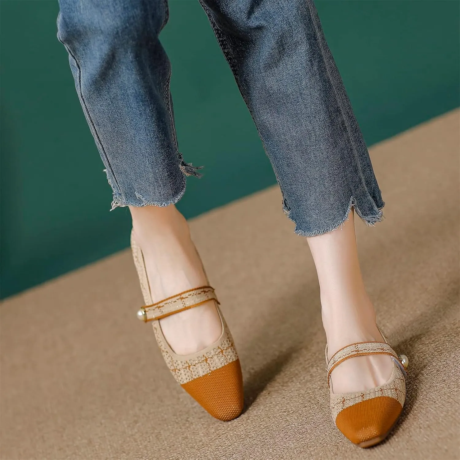 JiuQing Women's Mary Jane Shoes Knit Dress Shoes Pointy Soft Strappy Mesh Office Flats Pumps