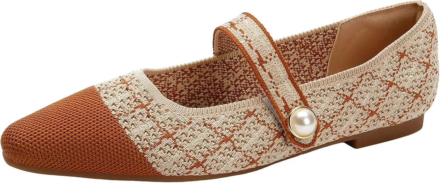 JiuQing Women's Mary Jane Shoes Knit Dress Shoes Pointy Soft Strappy Mesh Office Flats Pumps