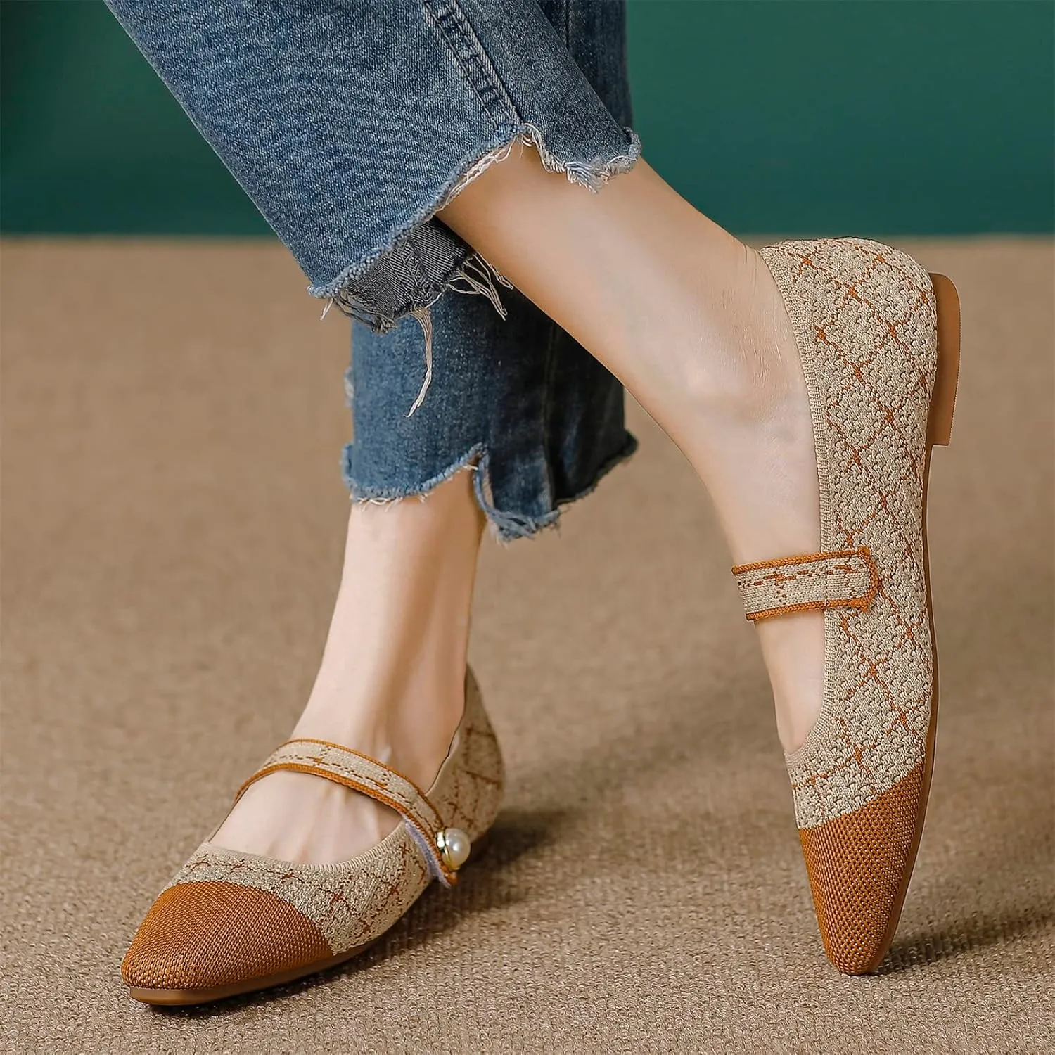 JiuQing Women's Mary Jane Shoes Knit Dress Shoes Pointy Soft Strappy Mesh Office Flats Pumps