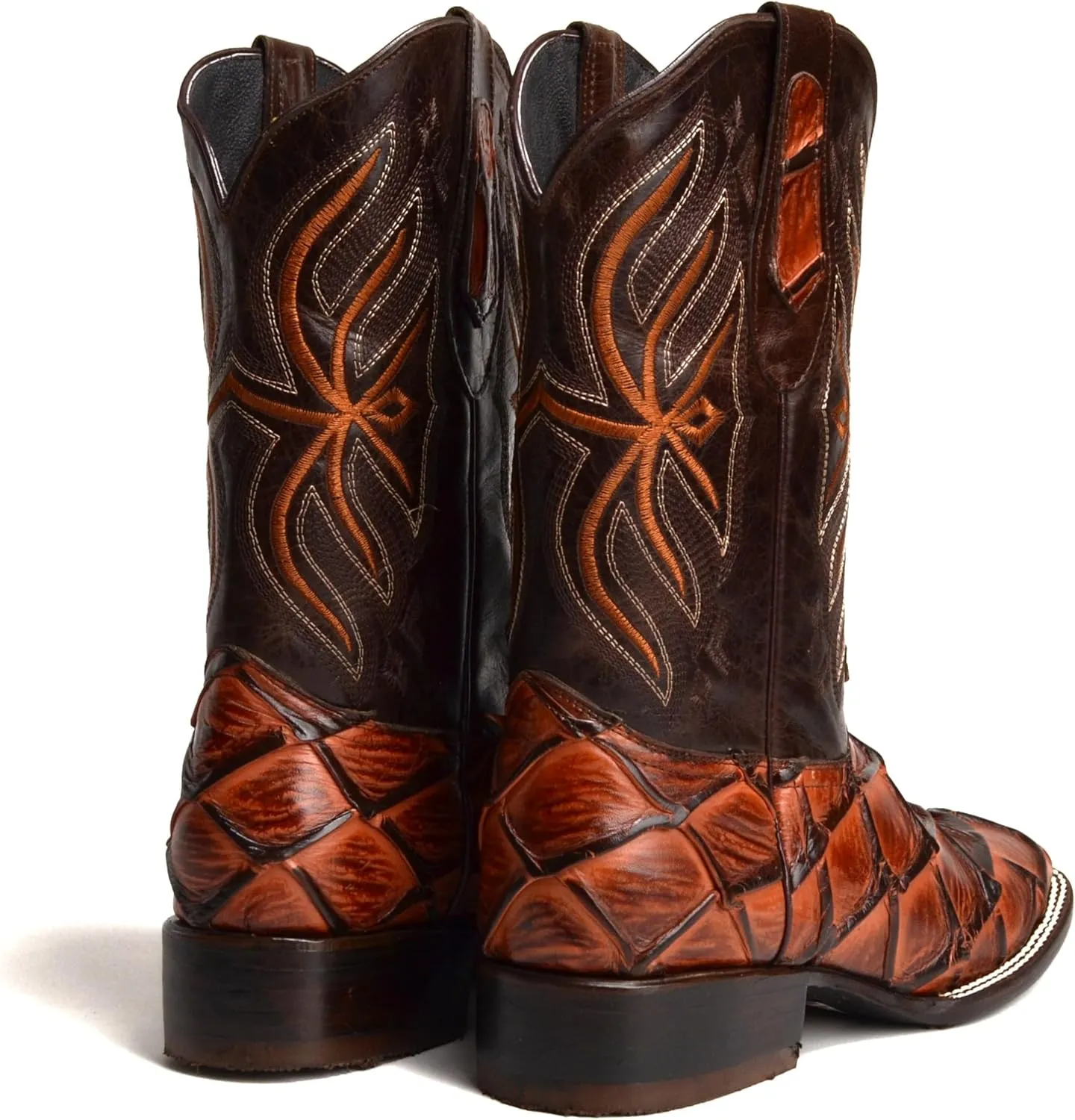 Joe Boots 708 Authentic Pirarucu Leather Print Men's Embroidered Square Toe Cowboy/Rodeo Boots Leather outsole