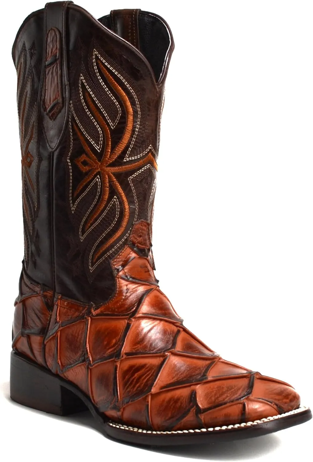 Joe Boots 708 Authentic Pirarucu Leather Print Men's Embroidered Square Toe Cowboy/Rodeo Boots Leather outsole