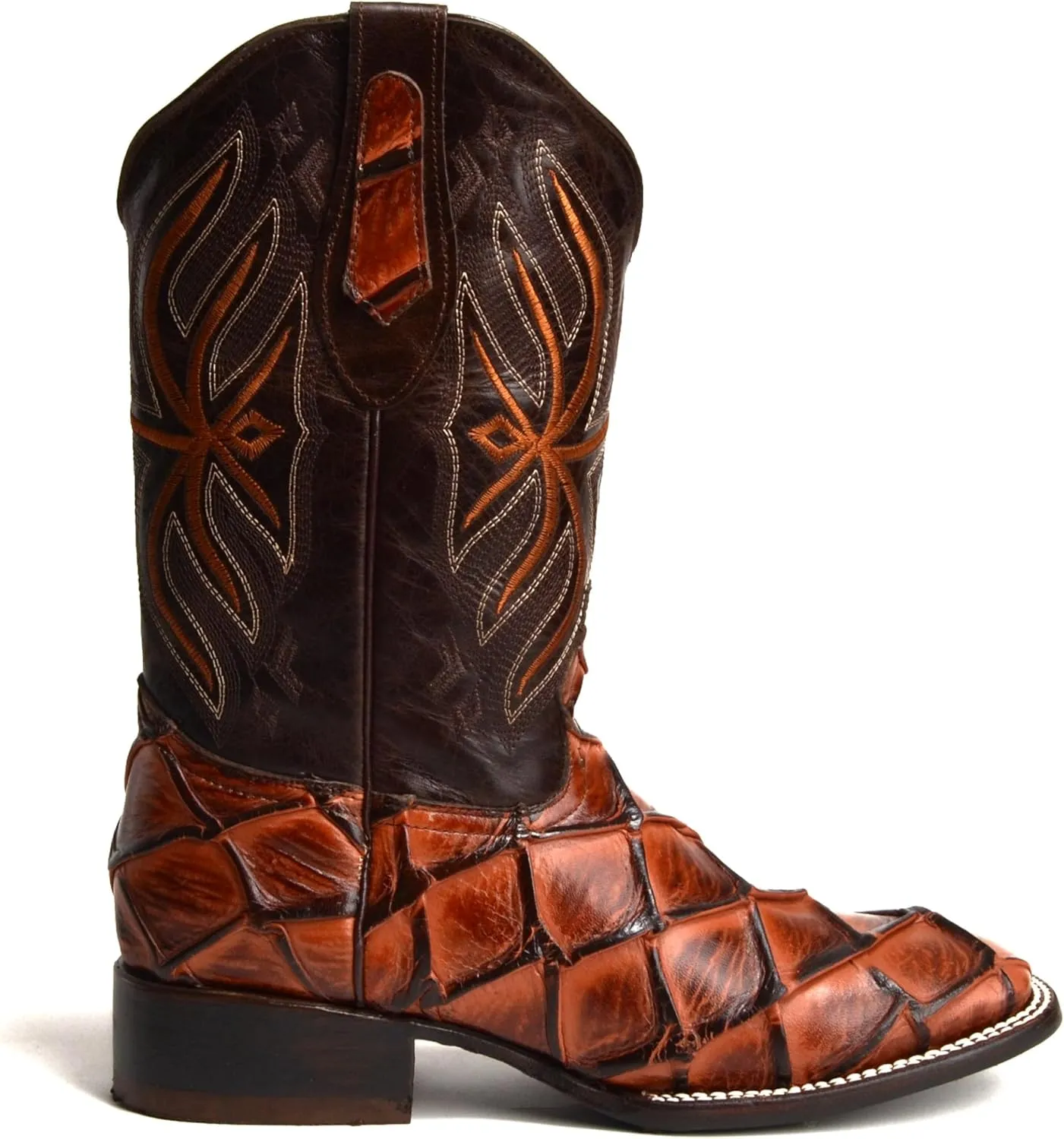 Joe Boots 708 Authentic Pirarucu Leather Print Men's Embroidered Square Toe Cowboy/Rodeo Boots Leather outsole