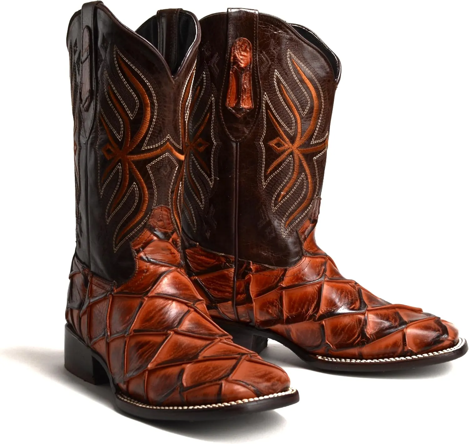 Joe Boots 708 Authentic Pirarucu Leather Print Men's Embroidered Square Toe Cowboy/Rodeo Boots Leather outsole