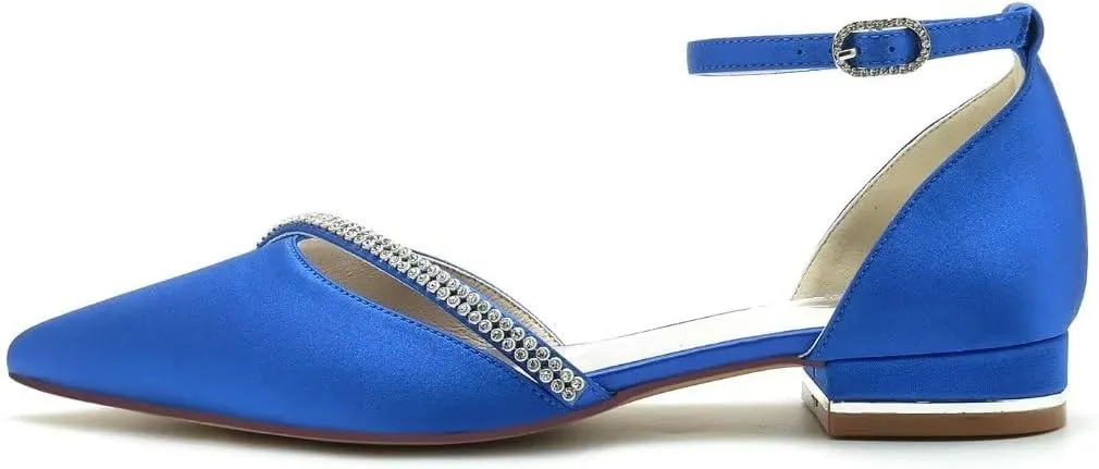 JOEupin Women Satin Crystal Wedding Flats for Bride Wedding Pointed Toe Prom Evening Bridal Party Dress Flats