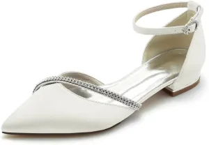 JOEupin Women Satin Crystal Wedding Flats for Bride Wedding Pointed Toe Prom Evening Bridal Party Dress Flats