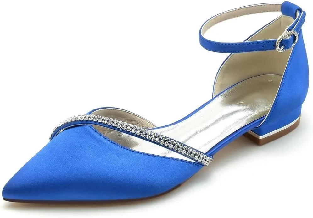 JOEupin Women Satin Crystal Wedding Flats for Bride Wedding Pointed Toe Prom Evening Bridal Party Dress Flats