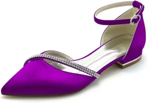 JOEupin Women Satin Crystal Wedding Flats for Bride Wedding Pointed Toe Prom Evening Bridal Party Dress Flats