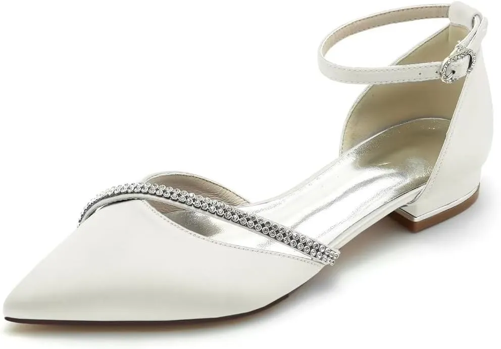 JOEupin Women Satin Crystal Wedding Flats for Bride Wedding Pointed Toe Prom Evening Bridal Party Dress Flats