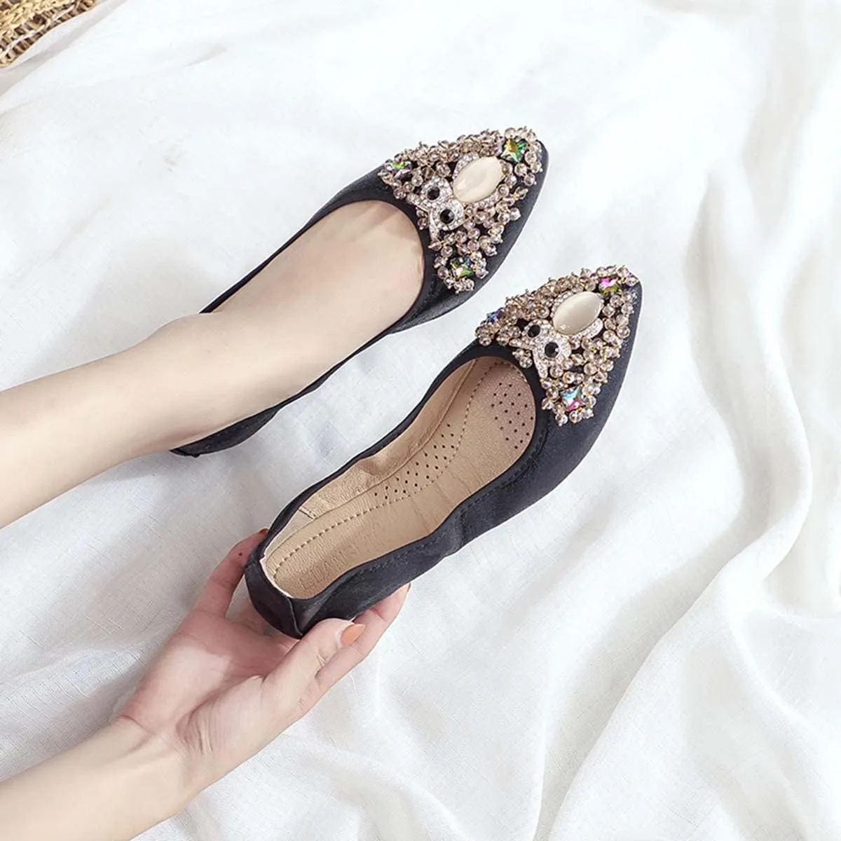 JOEupin Women's Flats Classic Ballet Shoes Rhinestone Wedding Ballerina Flats Faux Leather Foldable Sparkly Flats