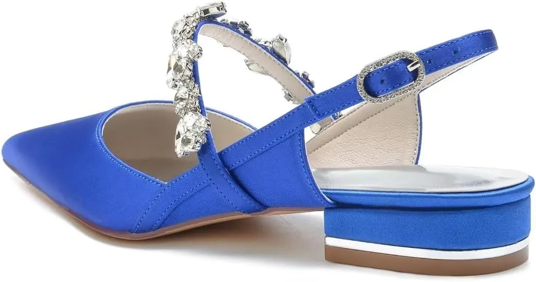 JOEupin Women's Pointed Toe Crystal Wedding Flats for Bride Satin Wedding Shoes Sling Back Bridal Flats Evening Prom Party Shoes