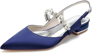 JOEupin Women's Pointed Toe Crystal Wedding Flats for Bride Satin Wedding Shoes Sling Back Bridal Flats Evening Prom Party Shoes