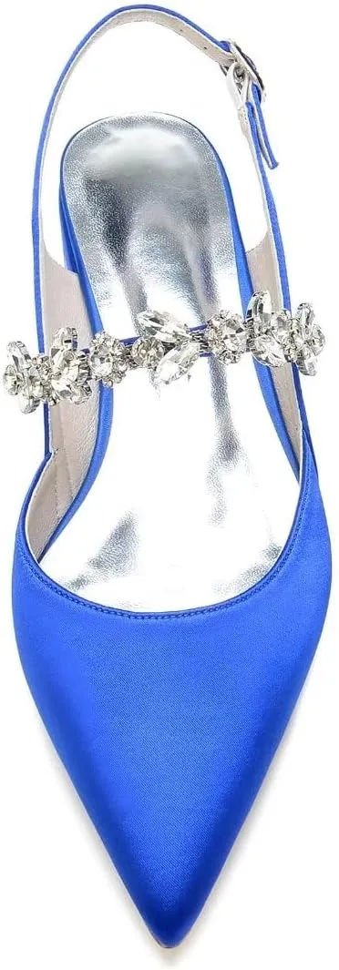 JOEupin Women's Pointed Toe Crystal Wedding Flats for Bride Satin Wedding Shoes Sling Back Bridal Flats Evening Prom Party Shoes