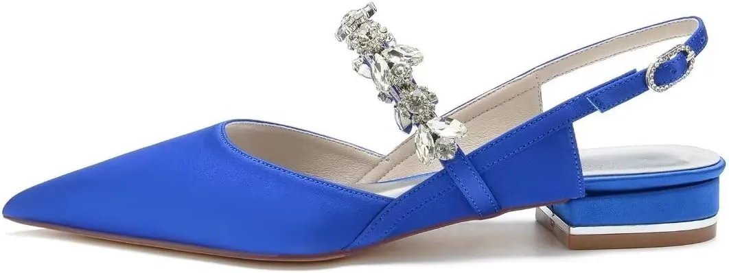 JOEupin Women's Pointed Toe Crystal Wedding Flats for Bride Satin Wedding Shoes Sling Back Bridal Flats Evening Prom Party Shoes