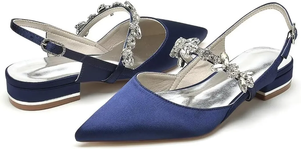 JOEupin Women's Pointed Toe Crystal Wedding Flats for Bride Satin Wedding Shoes Sling Back Bridal Flats Evening Prom Party Shoes