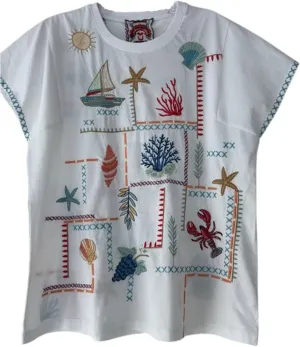 Johnny Was Amalfi Boxy Square Tee Shirt Cotton Embroidery Swing White Top New