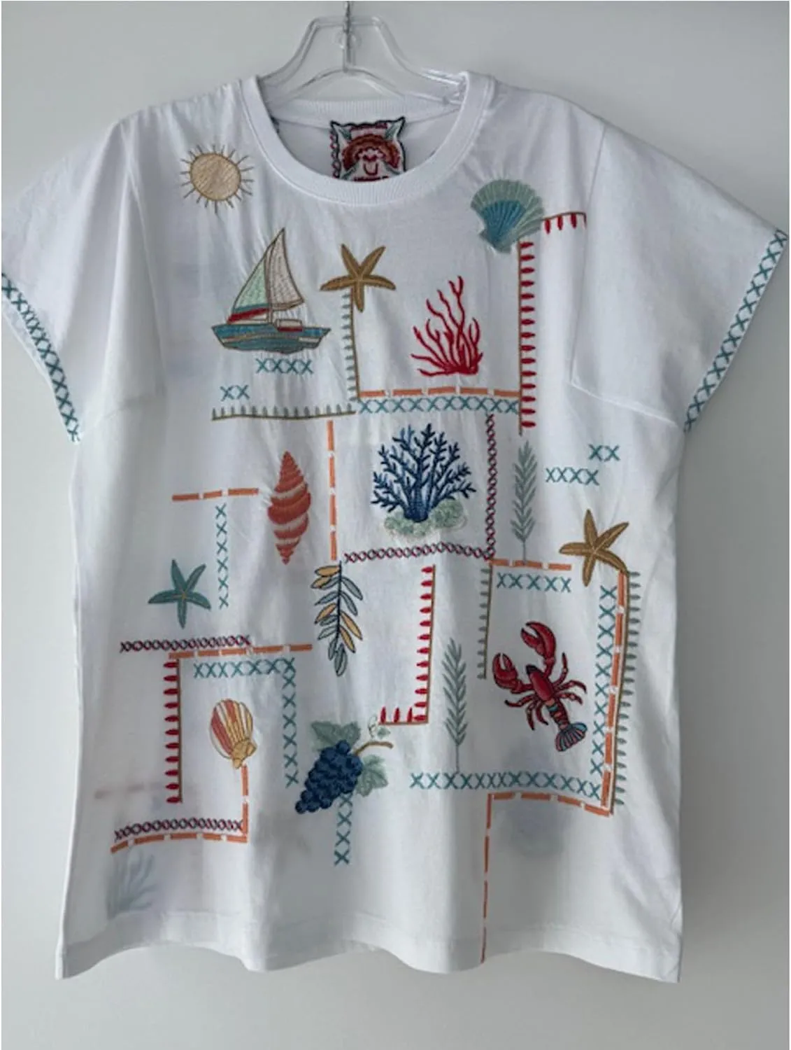 Johnny Was Amalfi Boxy Square Tee Shirt Cotton Embroidery Swing White Top New